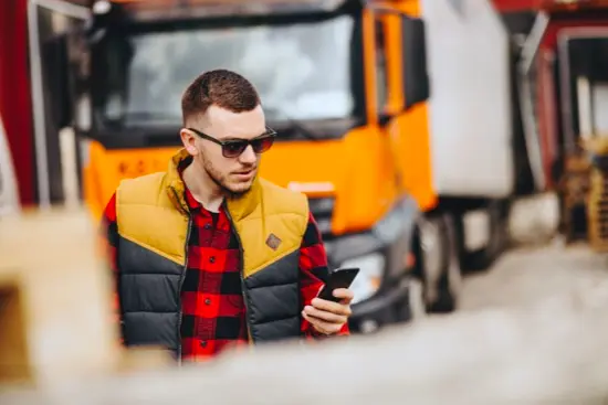 a person in front of a truck looking at their phone, a bubble with an icon of heating floating towards their phone